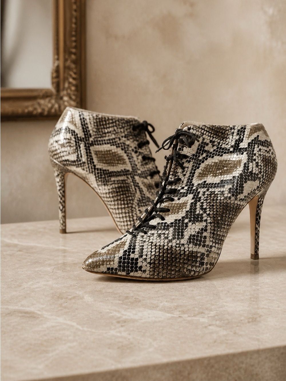 Snake-Print Lace-Up Stiletto Booties in Neutral